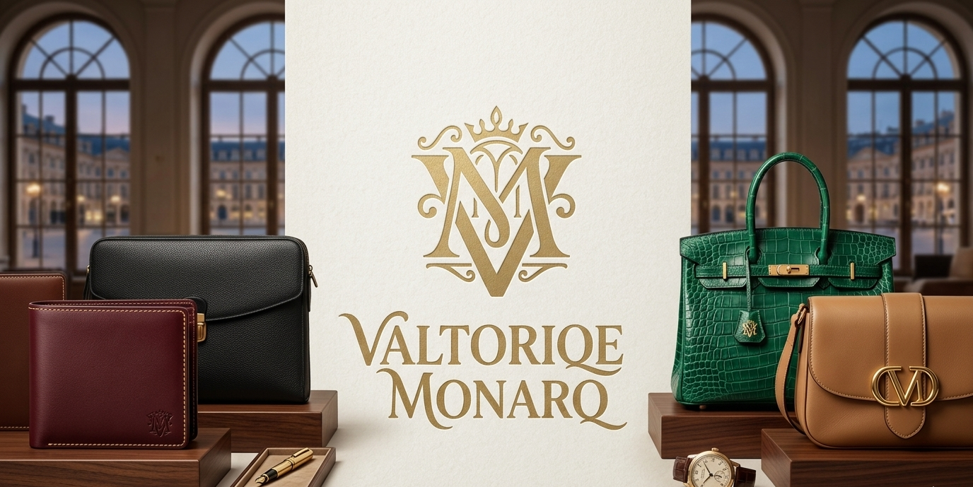 Valltorique Monarq leather goods including bags and wallets with a decorative logo on a light background.